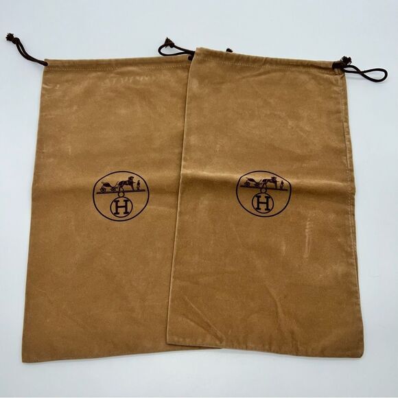 Hermes Brown Light Velour Drawstring Dust Bag Match Pair w/Brown Logo/Drawstring - Picture 1 of 6